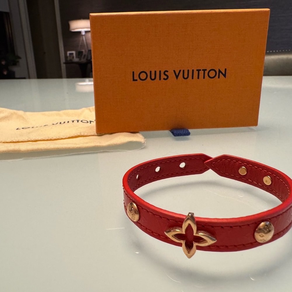 Louis Vuitton Red Leather Monogram Flower Bracelet NWOT